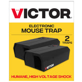 Victor front packaging showing two indoor electronic mouse traps and benefits