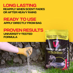 Victor granules spread on lawn creating a visible treated perimeter that deters snakes