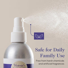 Victoria's Lavender mist settling on linen fibers highlighting natural lavender aroma