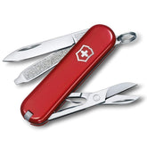 Victorinox Classic SD front view showing red scales and logo, easy identification benefit