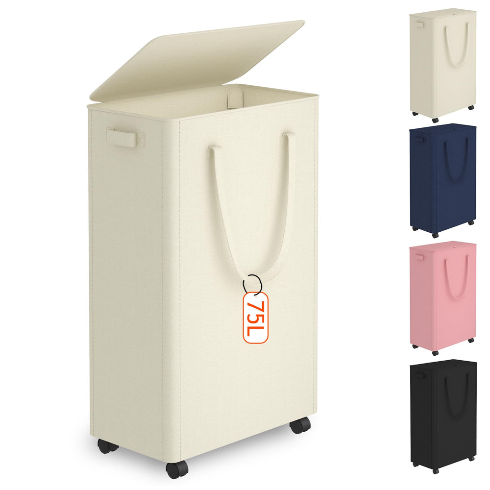 Vincona front view hamper showing slim tall profile and lid for compact storage benefit