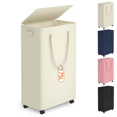 Vincona front view hamper showing slim tall profile and lid for compact storage benefit