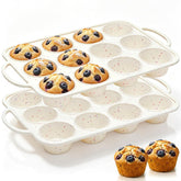 Vinino front view of 12-cup muffin pan showing durable construction and easy storage benefit