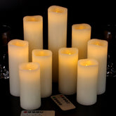 Vinkor front view of ivory wax pillars showing realistic flame and elegant benefit