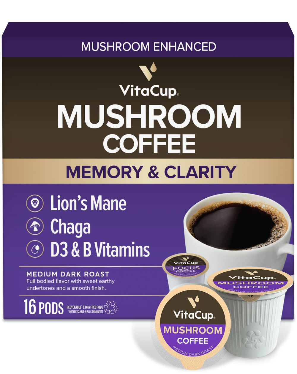 VitaCup front packaging showing 16ct pods and product benefits
