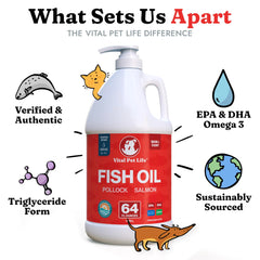 Vital Pet Life 64 oz bottle next to a measuring cup showing volume and value