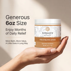 Vitality frankincense balm almond and olive oils arranged to show nourishing ingredients