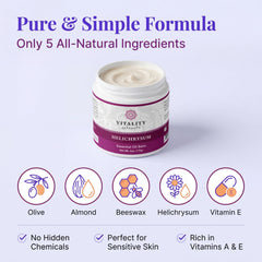 Vitality ingredient spread with almond oil beeswax and Helichrysum to show purity