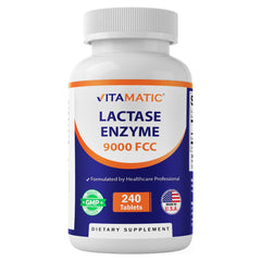 Vitamatic bottle front label showing product name and count, clear benefit of dairy support