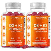 Vitamatic front packaging showing two-bottle pack and raspberry gummies benefit clarity