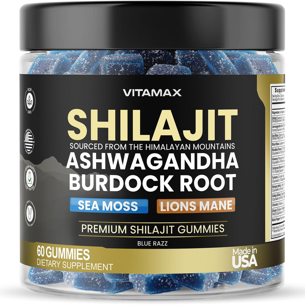 Vitamax bottle front label showing blue razz Pure Shilajit Gummies for clear product identity and trust