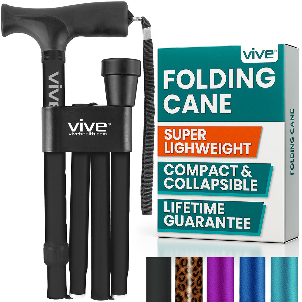 Vive folding cane front view showing sturdy frame and polished finish for reliable support