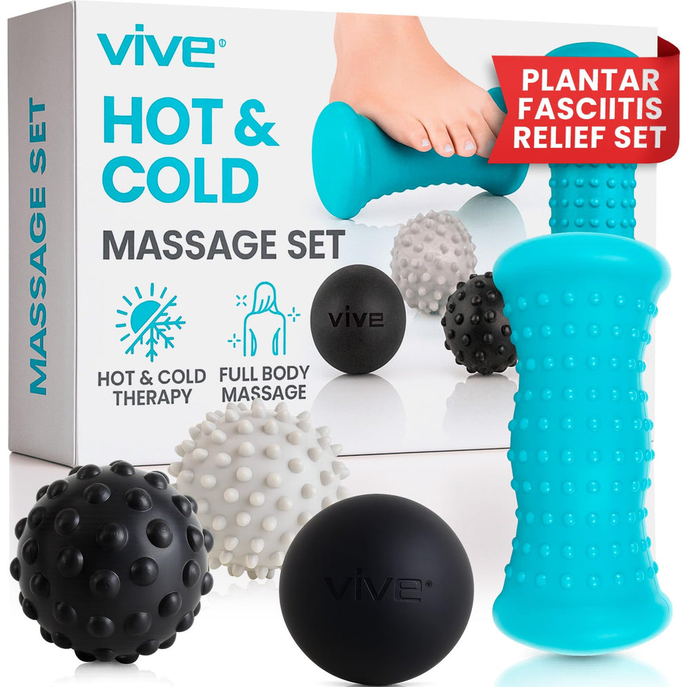 Vive front view of massage ball set showing all four pieces and packaging, promotes ready-to-use therapy
