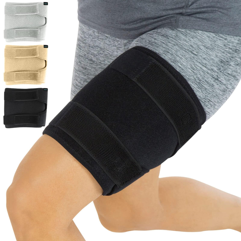 Vive thigh brace front view showing slim profile and coverage for comfort