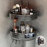 Voldra front view of two matte gray corner shelves showing compact storage benefit