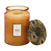 Voluspa Baltic Amber front jar showing elegant floral glass and lid, enhances décor