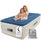 VOSSER front packaging and raised twin bed showing easy setup benefit