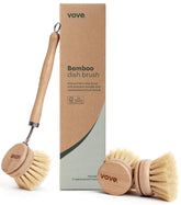 Vove bamboo dish brush front view showing full handle and bristles for sustainable cleaning