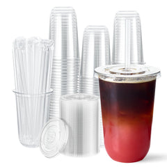 Vplus front view 16oz pack showing cups lids straws and quantity, clear presentation benefit