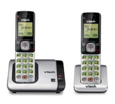 VTech front overview of cordless phone set showing two handsets and base for clear home calling