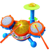 VTech KidiBeats front view showing orange drum set and sticks, promotes musical play