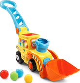 VTech bulldozer front view showing bright yellow body and colorful balls, encourages active play
