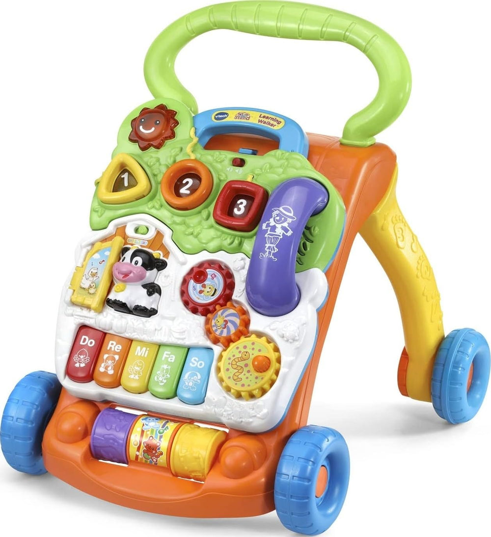 VTech front view of walker showcasing stable frame and colorful activity face benefit motor support