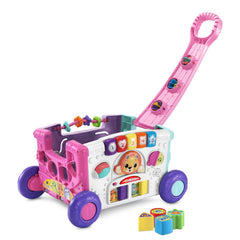VTech front view of pink wagon showing multiple activity faces and storage benefit