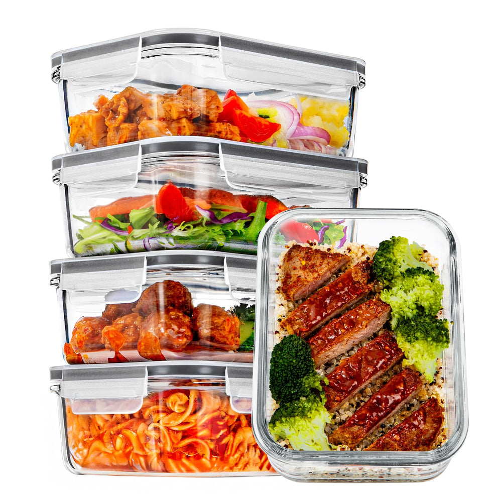 Vtopmart front view showing five 30oz glass containers and grey lids for neat storage