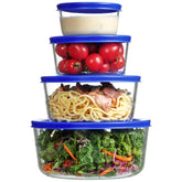 Vtopmart front view of four glass bowls with lids showing full set and capacities