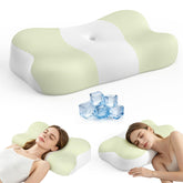 VYLEE front view of green ergonomic cervical pillow showing contour and comfort