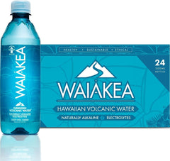 Waiakea front view of 24-pack showcasing recycled bottles and eco credentials