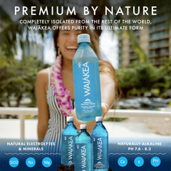 Waiakea single 500ml bottle front label highlighting volcanic water benefits