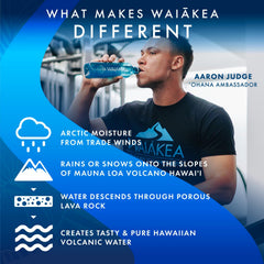 Waiakea water being poured into a glass illustrating clean crisp taste