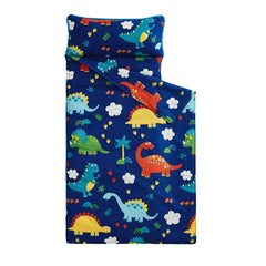 Wake In Cloud front view of nap mat showing dinosaur print and navy color, easy identification