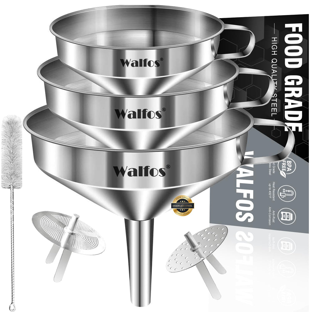 Walfos funnel set front view showing three stainless steel sizes and handle, durable use