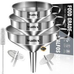 Walfos funnel set front view showing three stainless steel sizes and handle, durable use