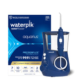 Waterpik Aquarius front view showing blue unit and control panel, easy customization