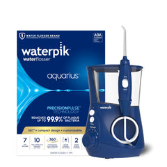 Waterpik Aquarius front view showing blue unit and control panel, easy customization