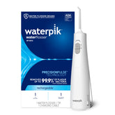 Waterpik Cordless 1100 front view showing compact design and easy controls for travel convenience