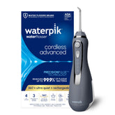 Waterpik Cordless Advanced front view showing controls and tip offering convenient cordless use