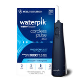 Waterpik Cordless Pulse 3100 front view showing blue finish and compact design for portability
