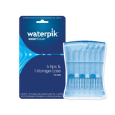 Waterpik front packaging showing six replacement tips and case, ensures authentic performance