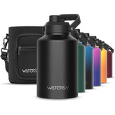 WATERSY front view of 128oz gallon jug showing sleek black finish and label for durable hydration