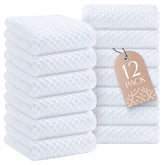 Wealuxe front packaging showing 12 white cotton towels and value pack benefit