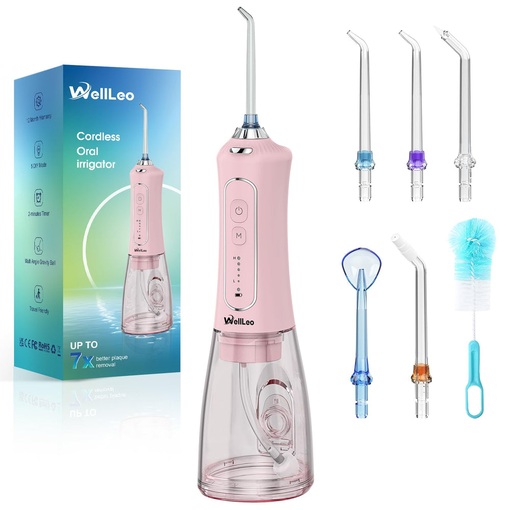 WELLLEO front view of cordless flosser showing controls and sleek body, easy handling