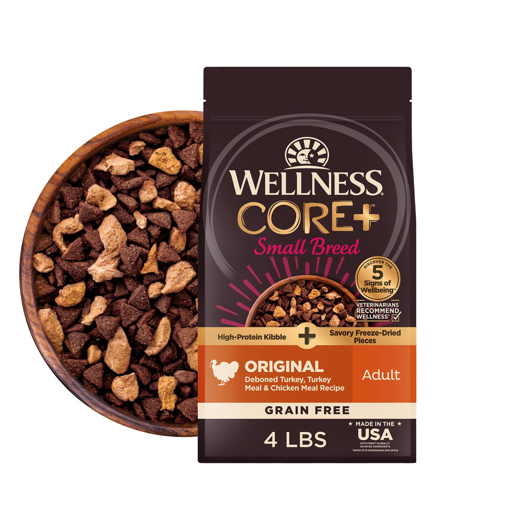 Wellness front bag showing CORE+ small breed benefits and flavor