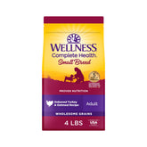 Wellness front bag view showing turkey recipe and small-breed benefits