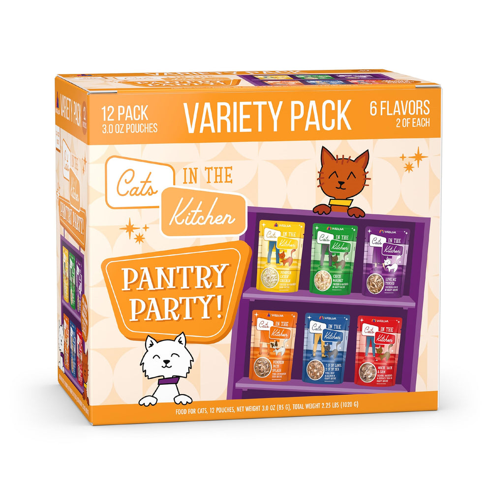 Weruva front packaging of Pantry Party variety pack showing assortment and convenience