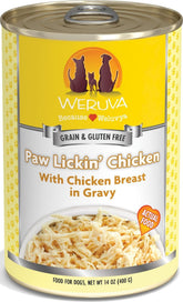 Weruva front can showing Paw Lickin’ Chicken label and benefits